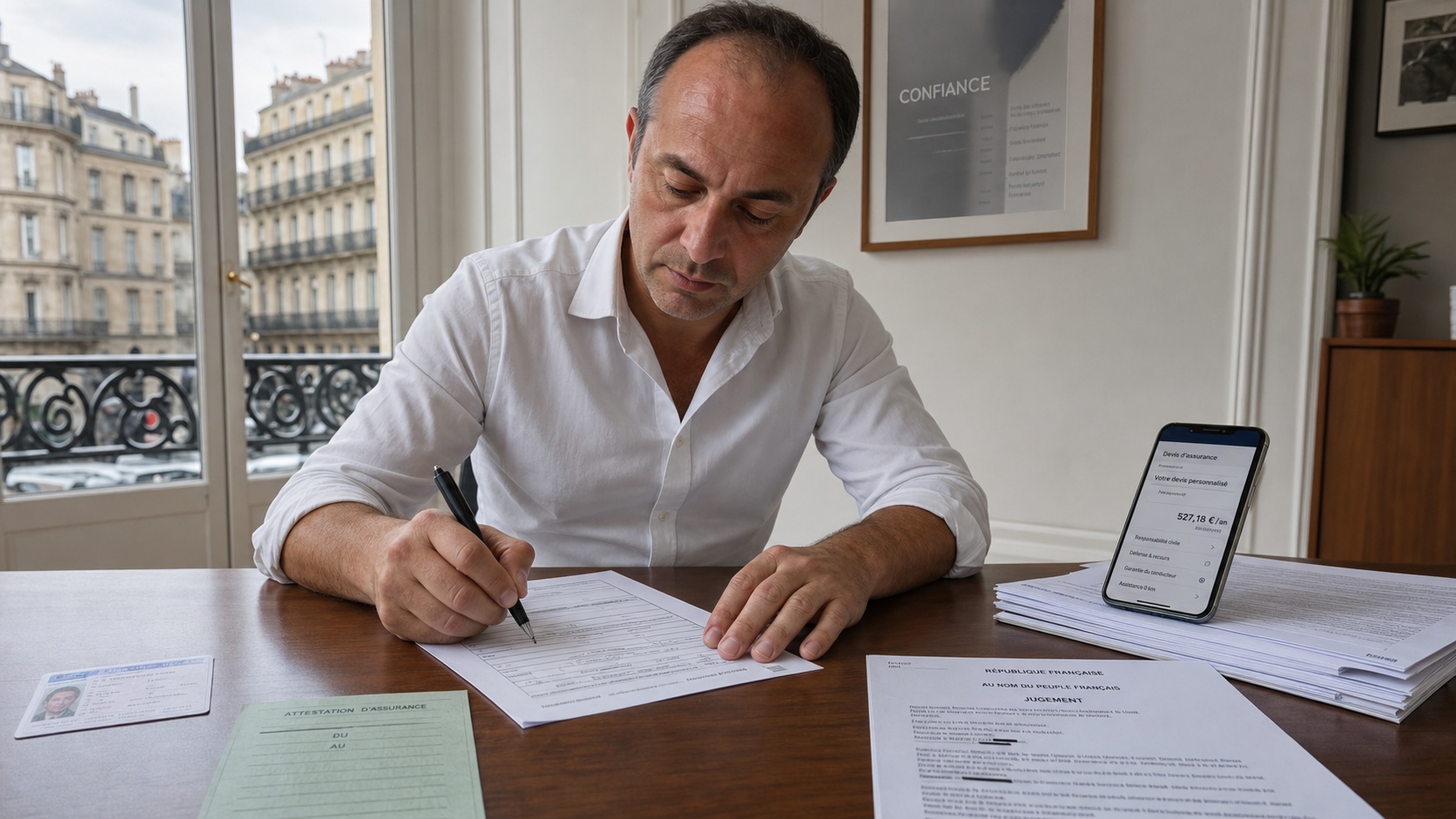 Souscription d'assurance VSP en ligne sur un smartphone, documents d'identité posés sur un bureau
