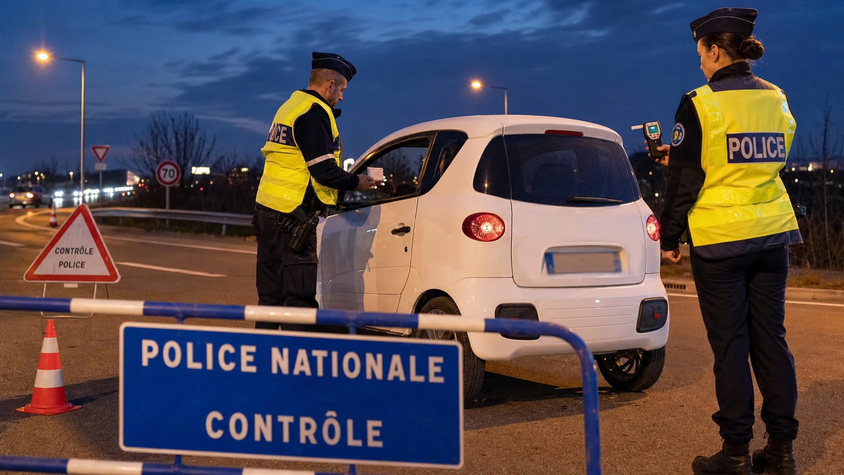 Agent de police vérifiant les documents d'un conducteur de voiturette lors d'un contrôle routier