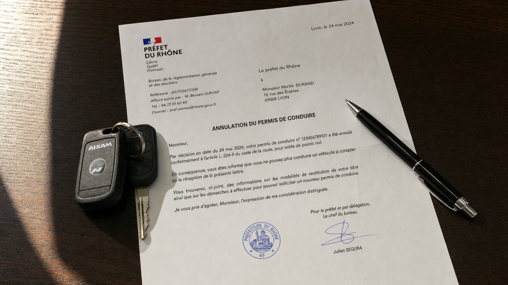 Document officiel d'annulation de permis de conduire posé sur un bureau avec une clé de voiturette