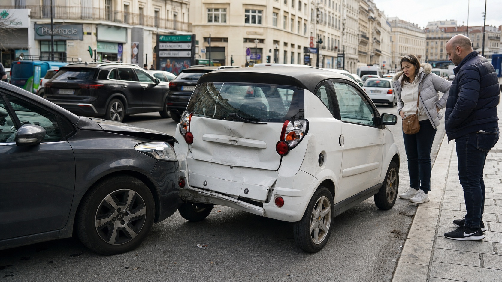 Voiturette sans permis Aixam garée sur le cours Julien à Marseille avec circulation dense en arrière-plan