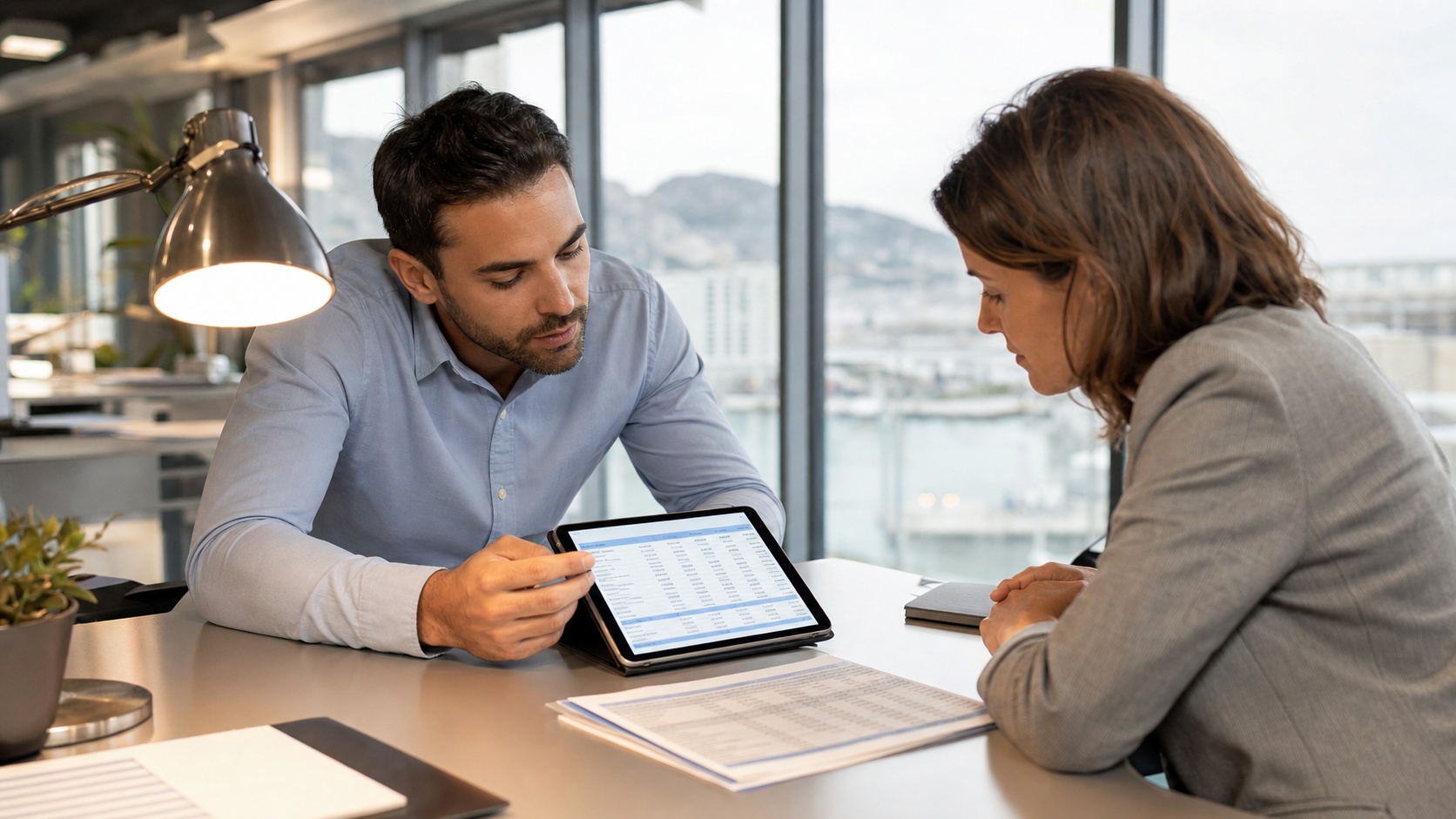 Conseiller Revital Assurances présentant un devis VSP sur tablette à un client dans un bureau ensoleillé de Marseille