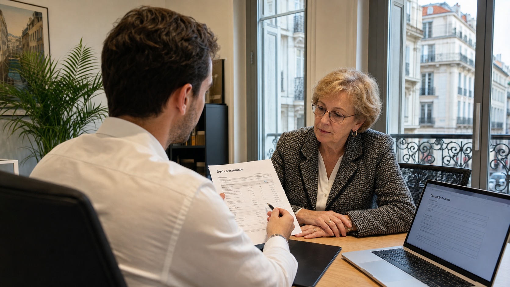 Conseiller assurance VSP remettant un devis à un client dans un bureau à Nice
