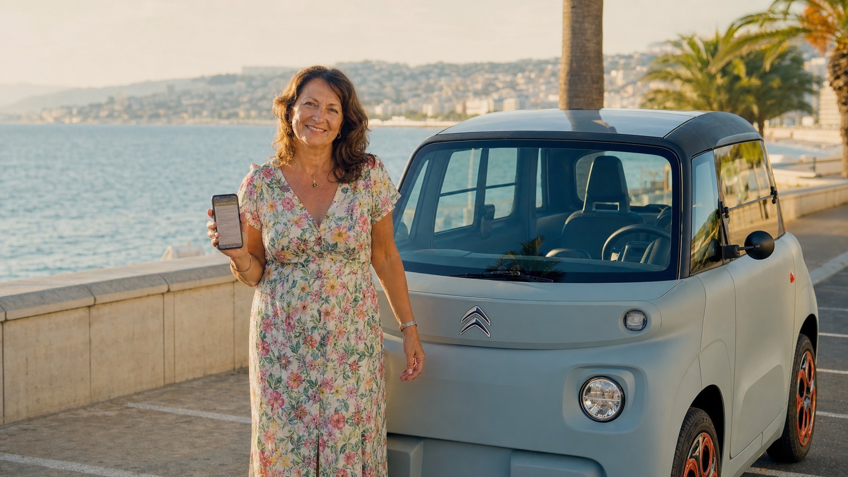 Conductrice satisfaite devant sa voiturette VSP assurée à Nice avec vue sur la baie des Anges