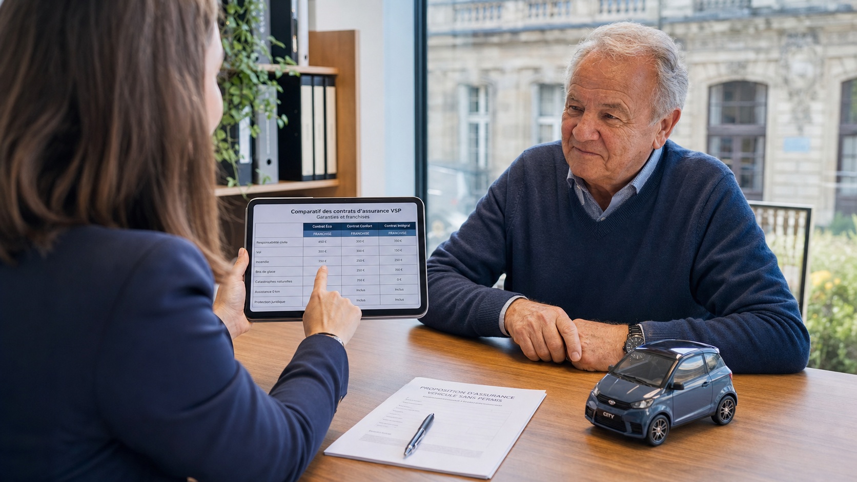 Conseiller Revital Assurances présentant un contrat VSP sur tablette à une cliente, bureau professionnel à Nice