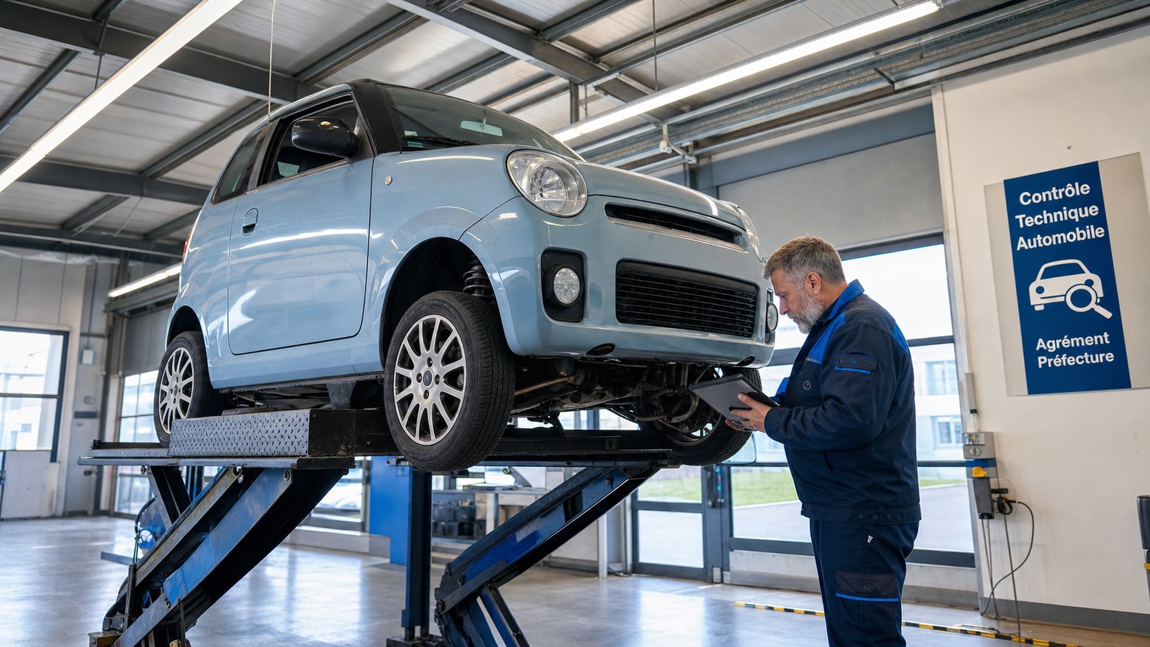 Inspection réglementaire d'une voiturette Ligier JS50 au contrôle technique, garage agréé en France