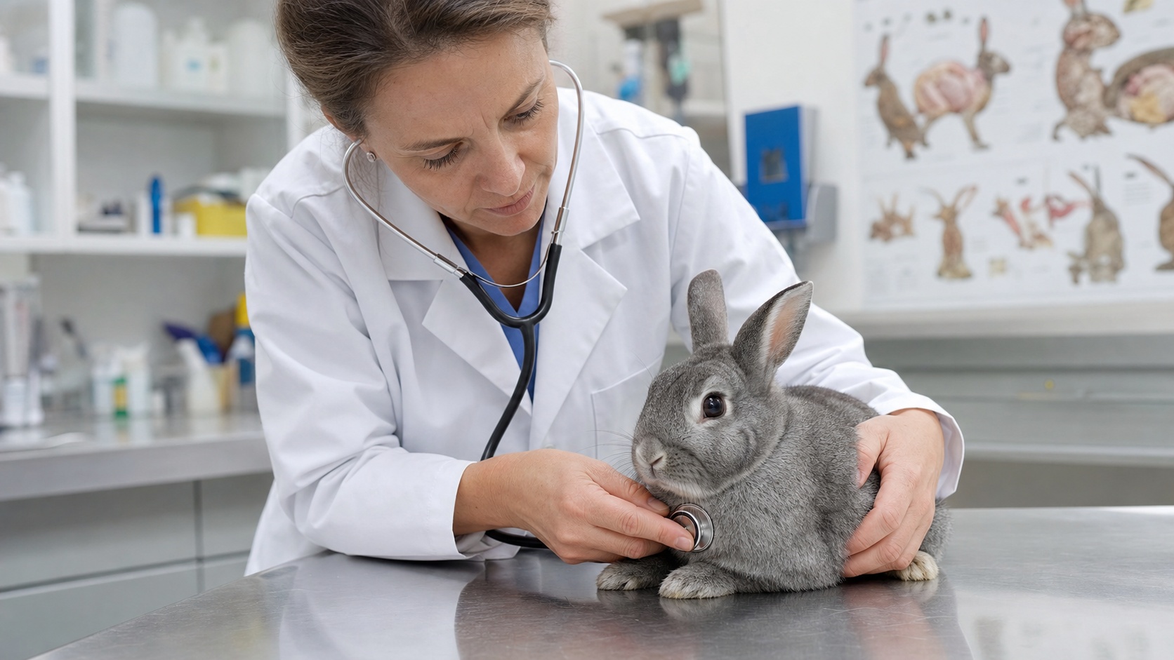 Propriétaire tenant un lapin nain dans ses bras en clinique vétérinaire spécialisée NAC