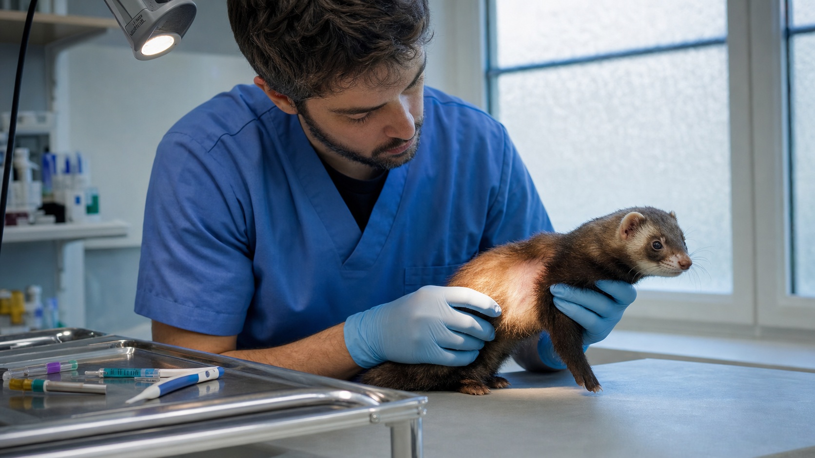 Vétérinaire spécialisé NAC examinant un furet sur une table d'examen en clinique