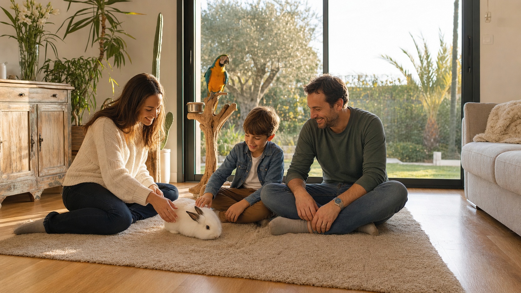 Famille sereine avec lapin nain et perroquet à la maison après souscription assurance NAC