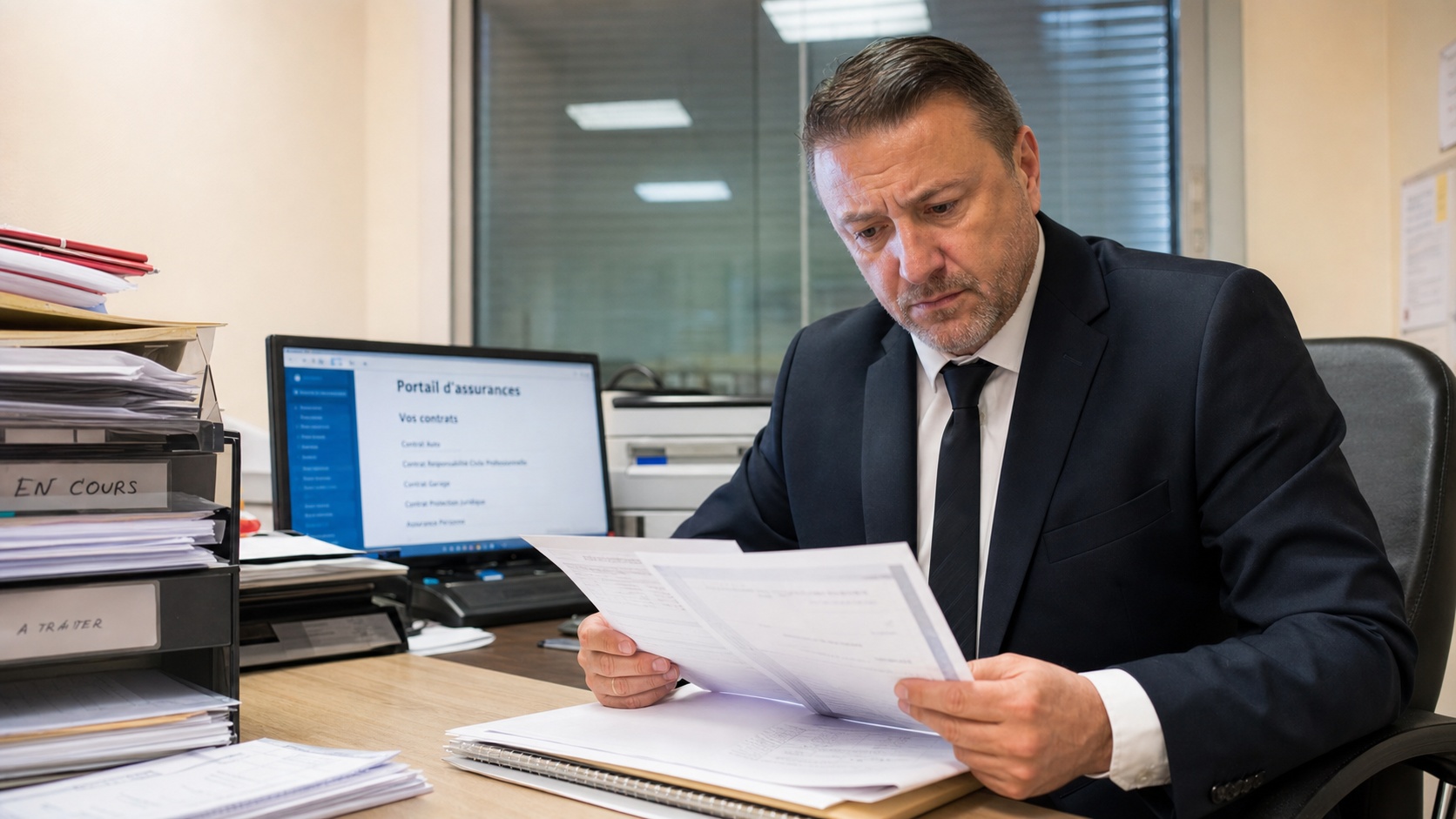 Gestionnaire de flotte VTC consulte les dossiers de ses chauffeurs malussés dans un bureau professionnel