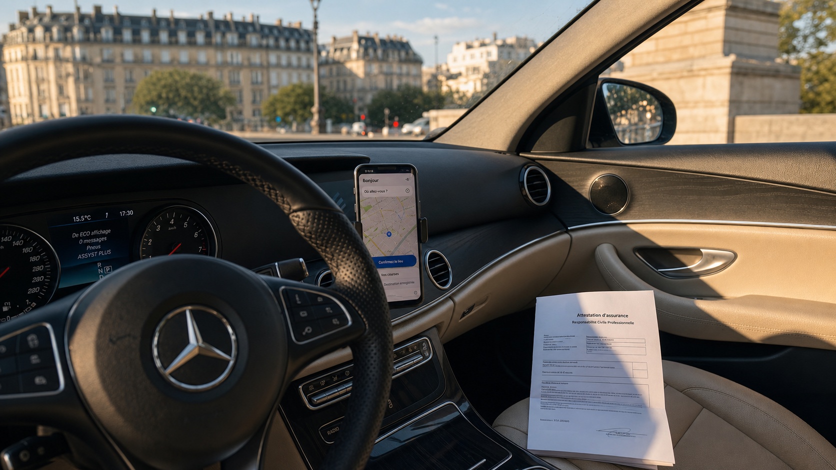 Tableau de bord d'un véhicule VTC haut de gamme avec coefficient bonus-malus sur document papier posé sur le siège passager
