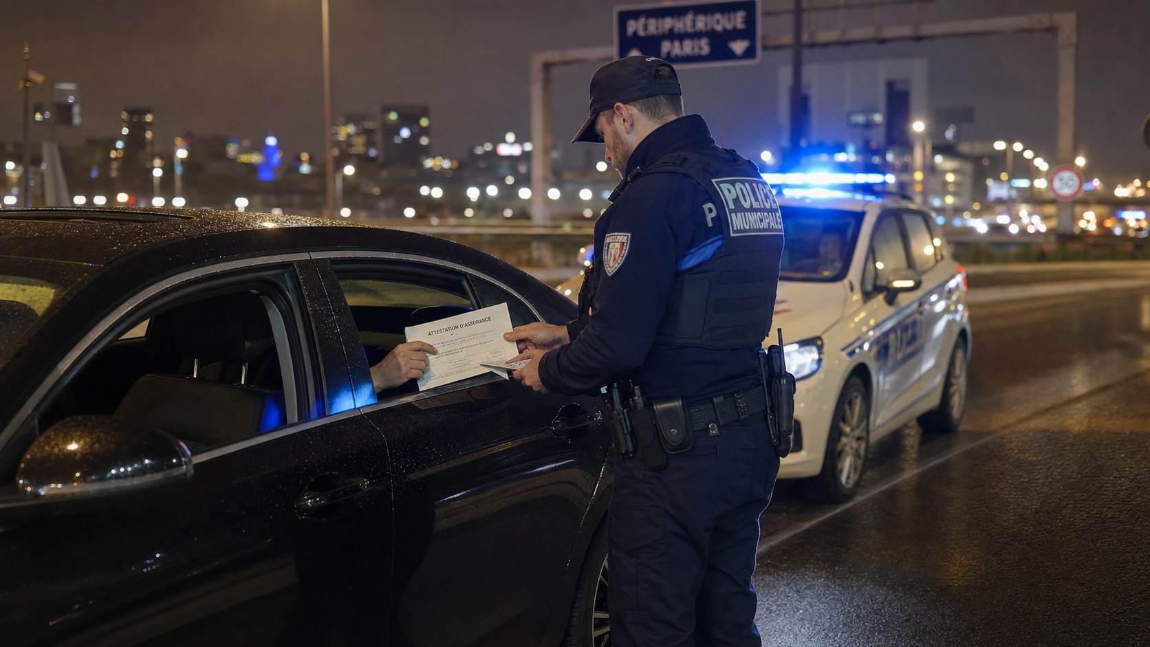 Inspecteur vérifie les documents réglementaires d'un chauffeur VTC lors d'un contrôle routier sur le périphérique parisien