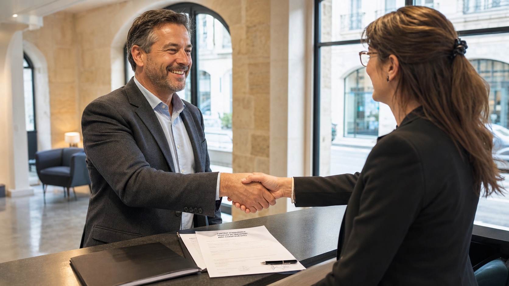 Exploitant VTC satisfait signe son contrat d'assurance flotte avec un conseiller Revital dans un espace de travail lumineux