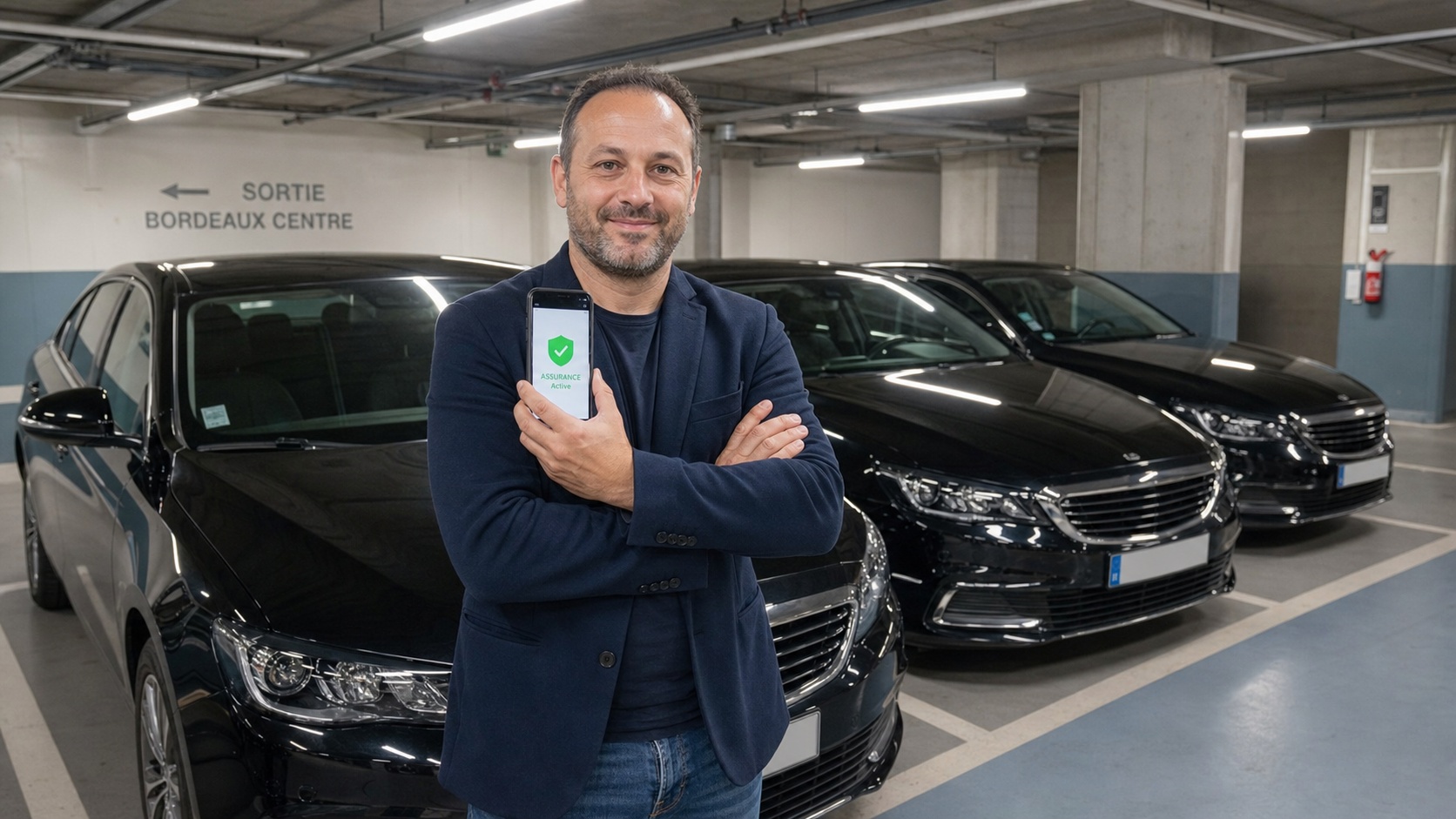 Gérant VTC satisfait devant sa flotte de berlines noires garées, souriant avec un smartphone montrant l'attestation d'assurance active