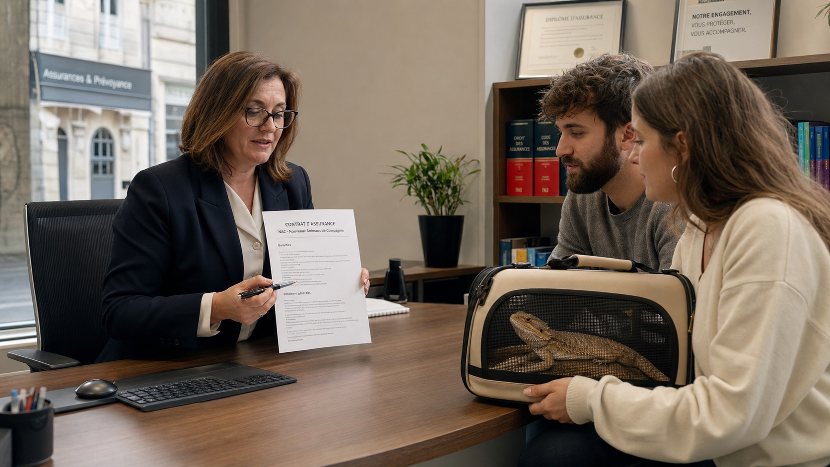 Conseiller en assurance montrant un contrat NAC sur écran à un client, bureau moderne