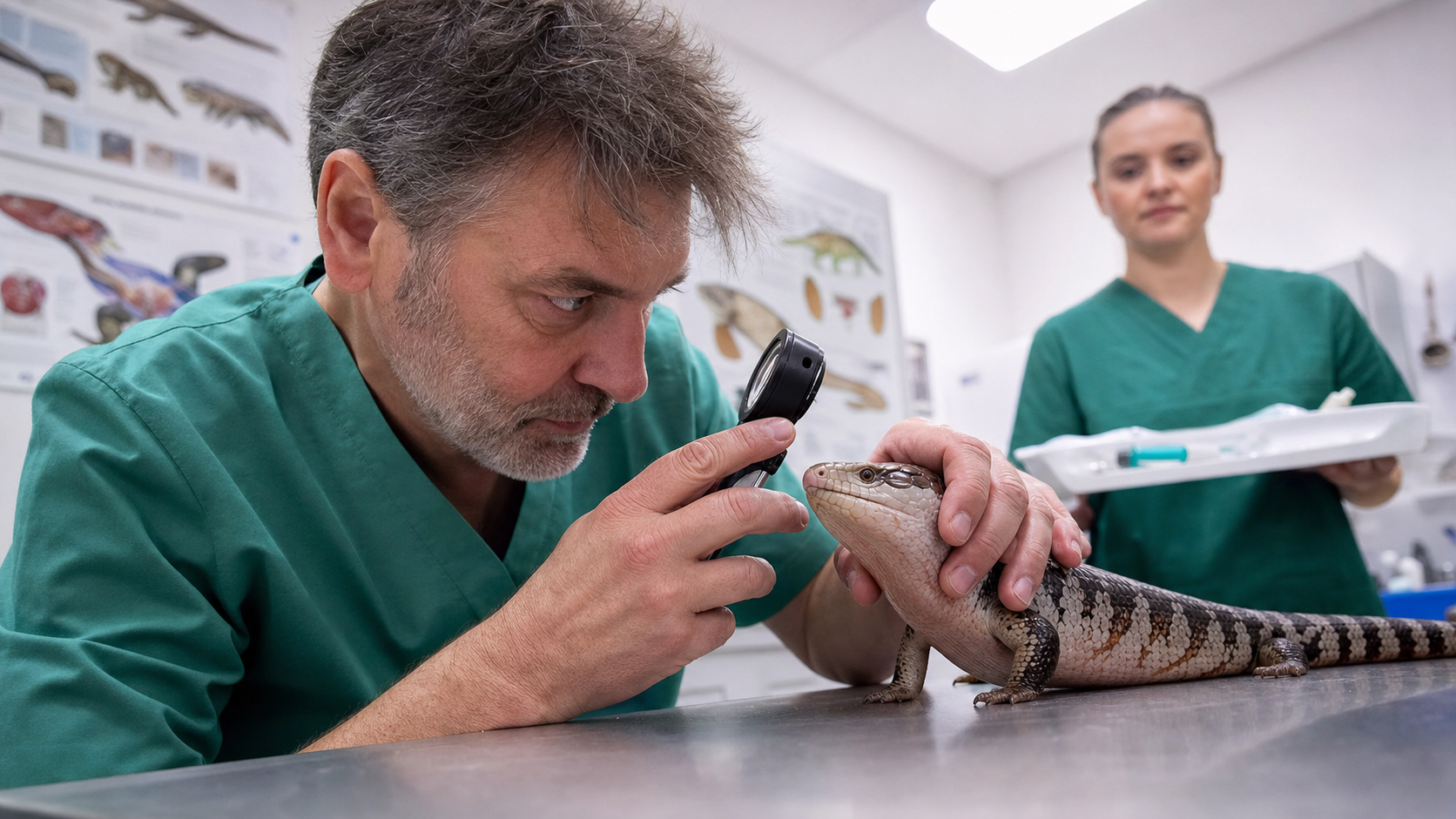 Vétérinaire examinant un lézard sur une table d'examen, clinique vétérinaire spécialisée NAC