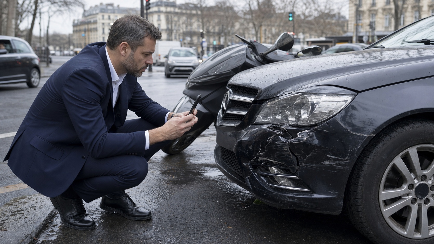 Chauffeur VTC constatant les dégâts d'un accrochage sur son véhicule de flotte en ville