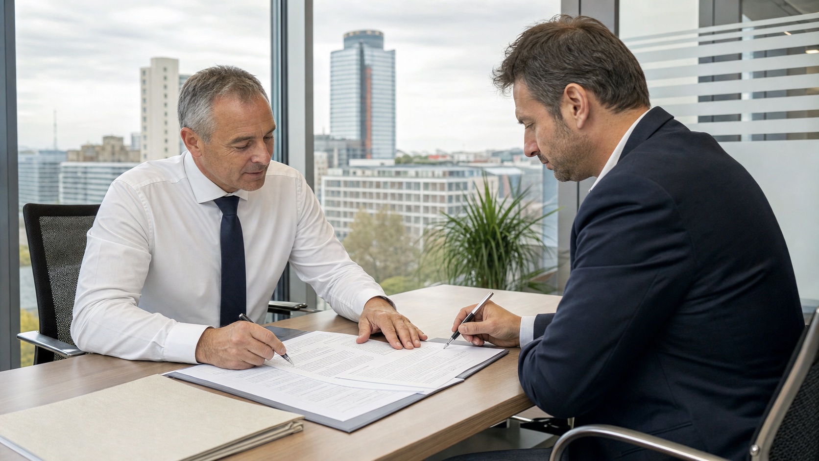 Gestionnaire de flotte VTC signant un contrat d'assurance flotte avec un courtier dans un bureau moderne