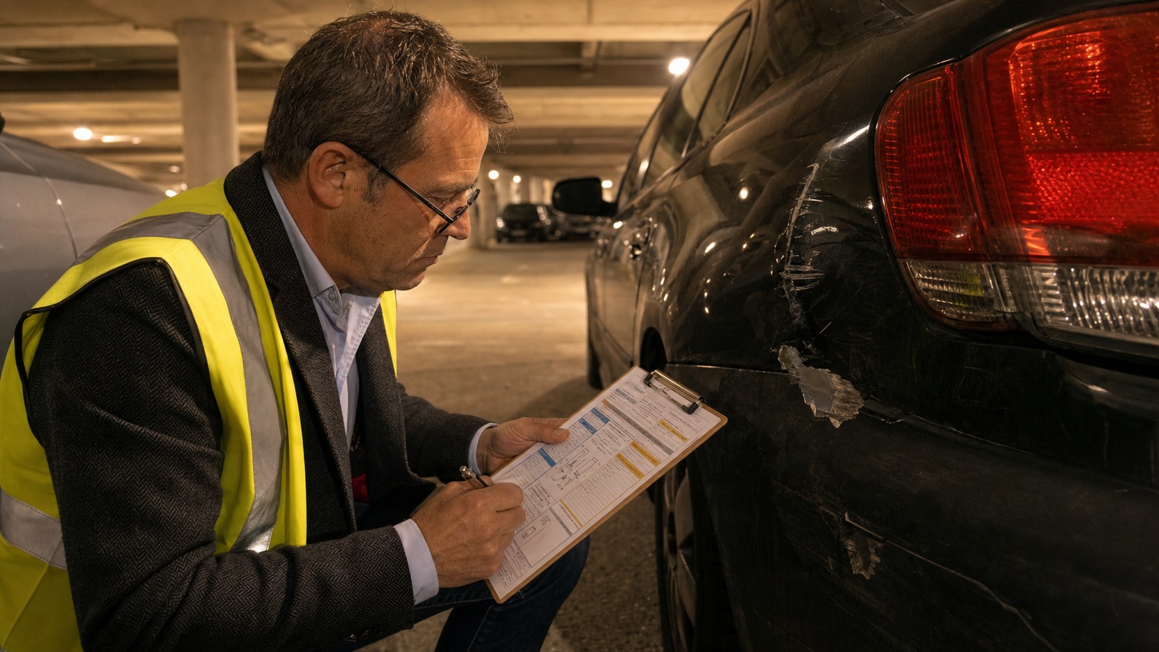 Inspecteur d'assurance examinant un constat amiable suite à un sinistre de flotte VTC dans un parking
