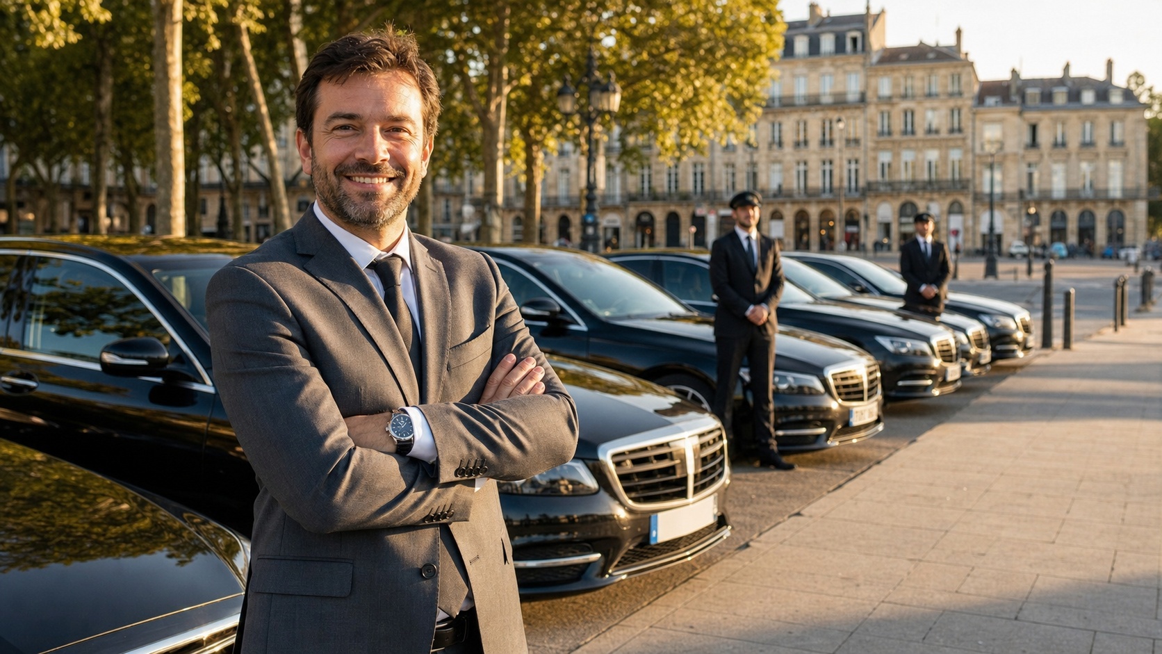 Opérateur VTC souriant avec son équipe de chauffeurs devant une flotte de berlines noires assurées