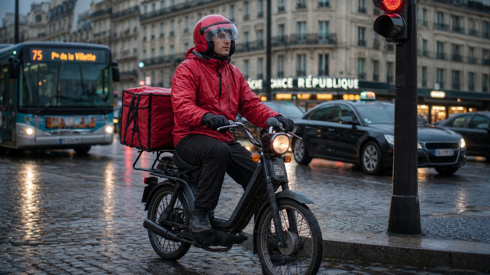 Livreur en cyclo 50 cm³ réfléchissant à son itinéraire en milieu urbain