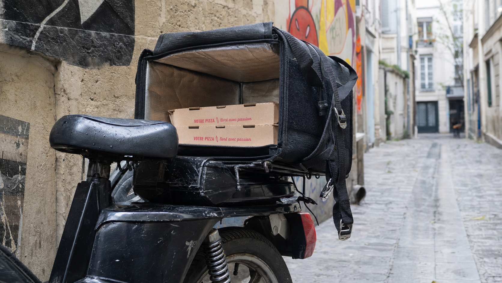 Jeune livreur en cyclo 50 cm³ avec sac de livraison alimentaire en ville