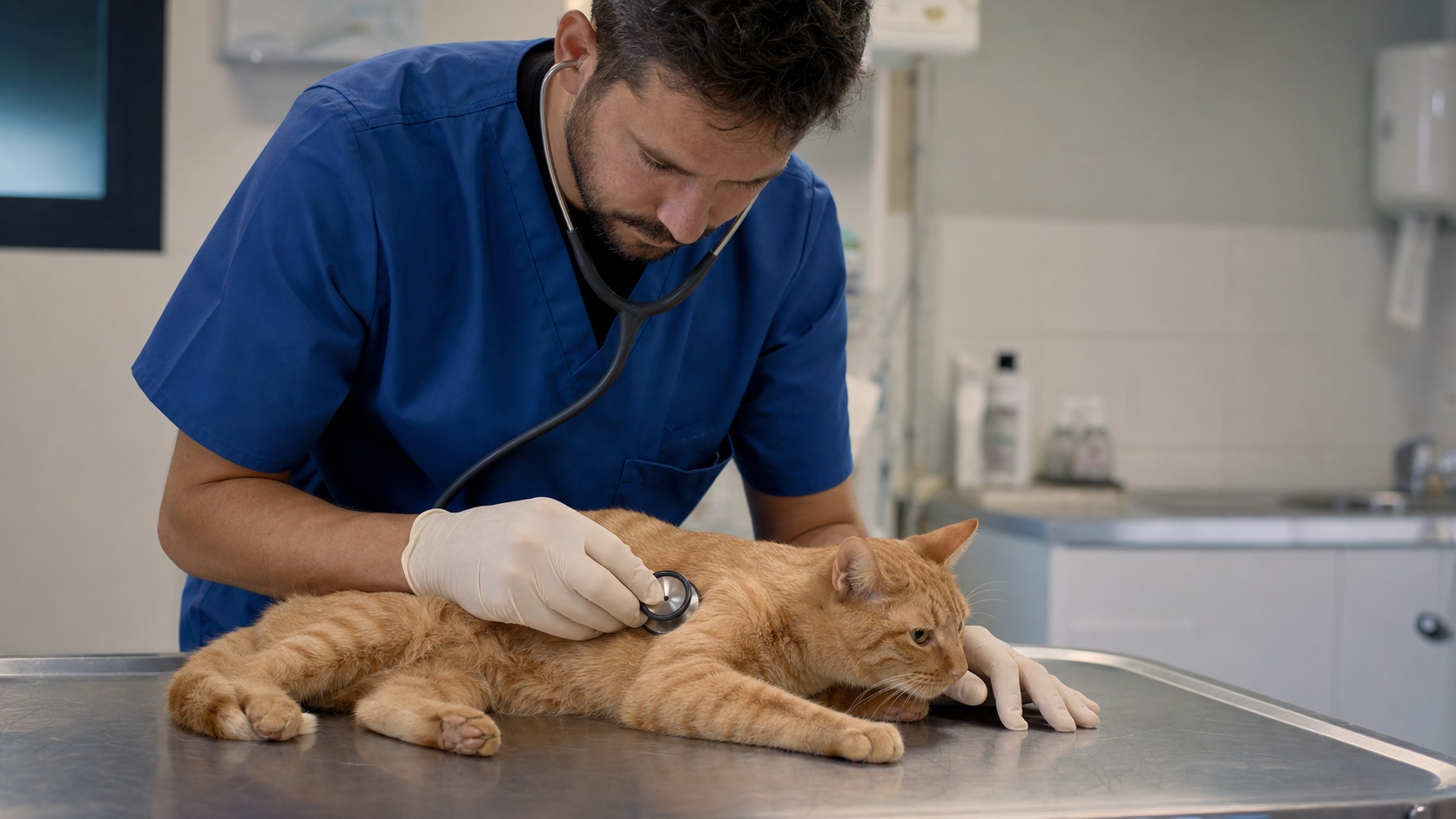 Vétérinaire ausculte un chat roux sur table d'examen en clinique vétérinaire française