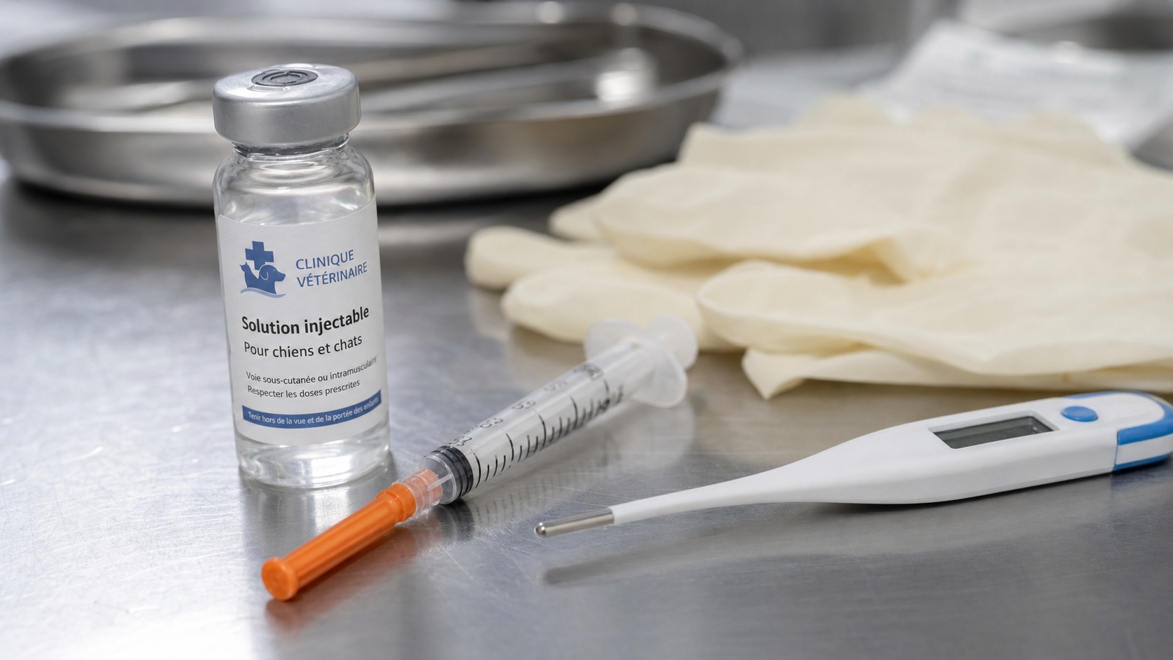 Détail d'une seringue et d'un médicament vétérinaire posés sur un comptoir en acier inoxydable, clinique vétérinaire
