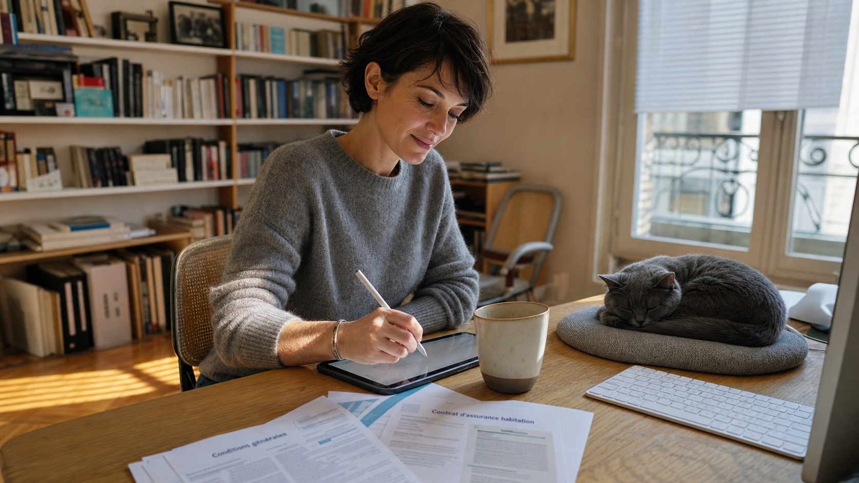 Propriétaire signe un contrat d'assurance animaux sur une tablette numérique dans un bureau lumineux en France