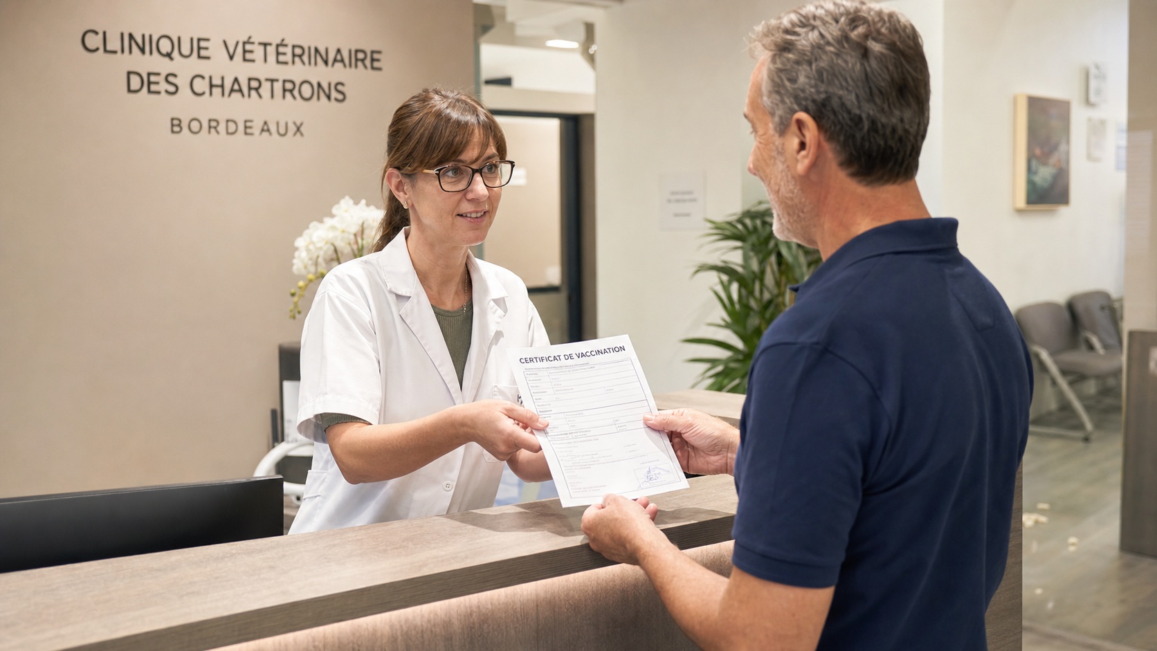 Vétérinaire présente un certificat vétérinaire officiel à une propriétaire de chat dans une clinique moderne à Bordeaux