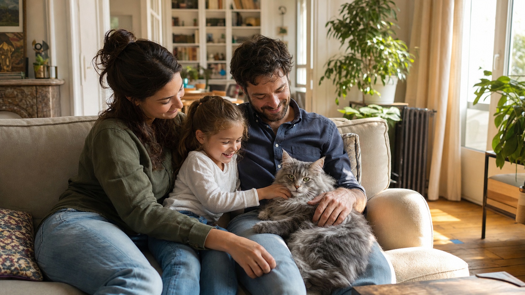 Famille souriante avec un chat tigré sur les genoux dans un salon chaleureux, couverture et sérénité au quotidien