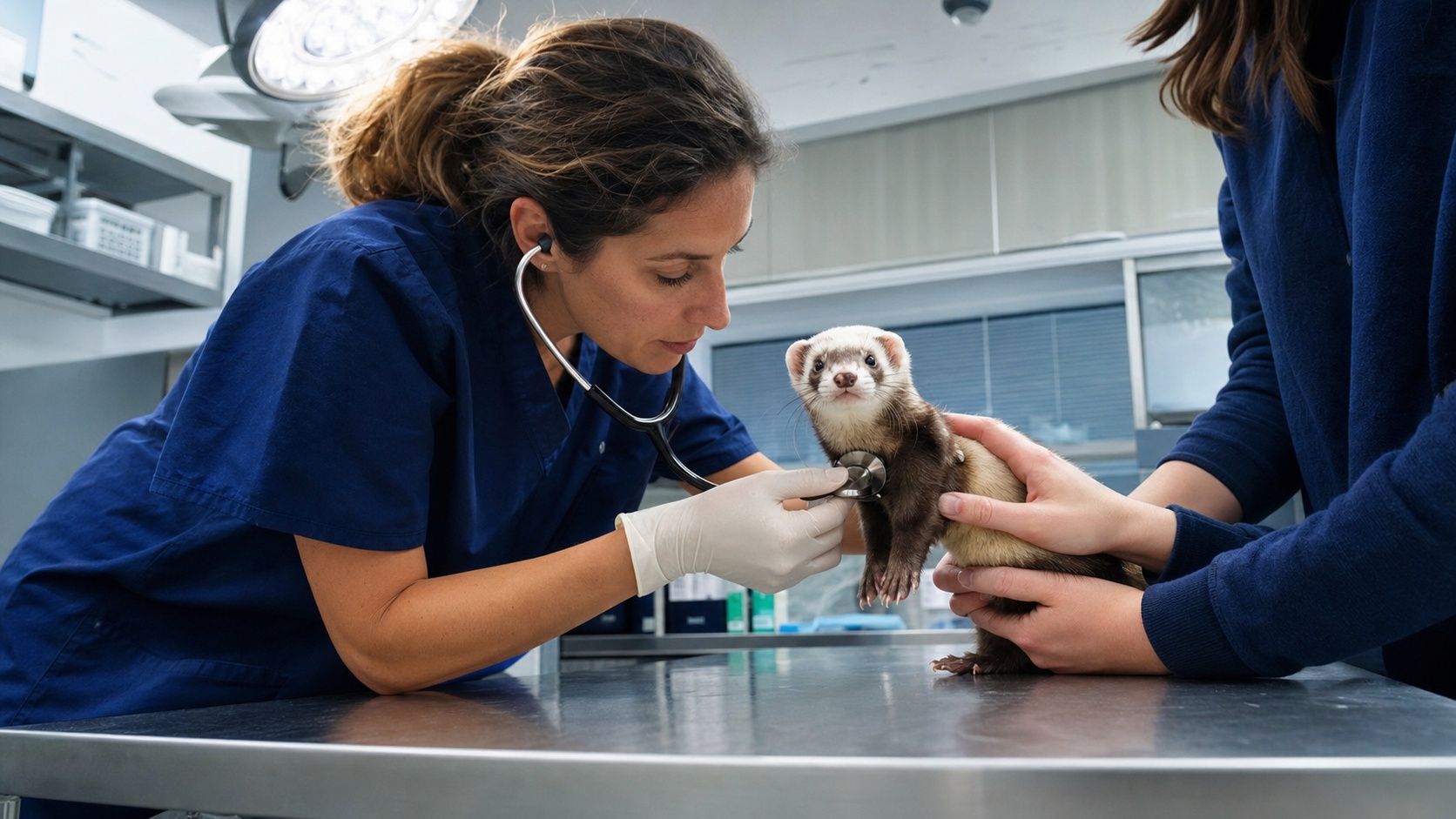 Furet roux en consultation vétérinaire, manipulé par un praticien en blouse blanche dans une clinique spécialisée NAC