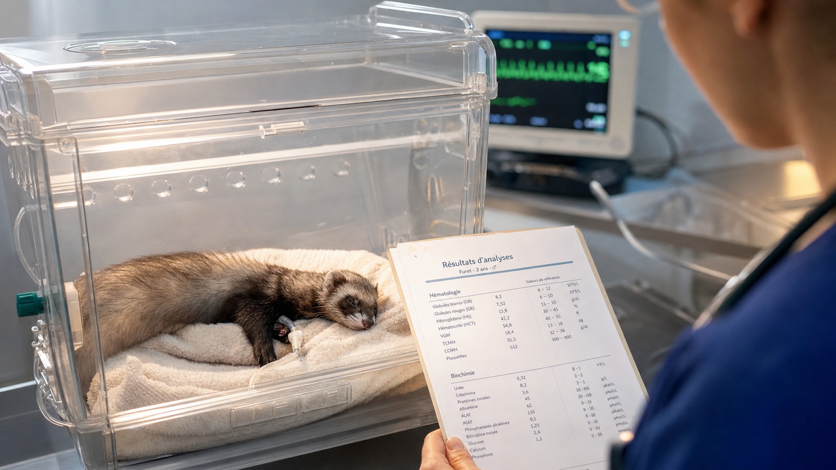 Gros plan sur un furet blanc et brun couché dans une cage médicale, moniteur cardiaque en arrière-plan, clinique vétérinaire spécialisée