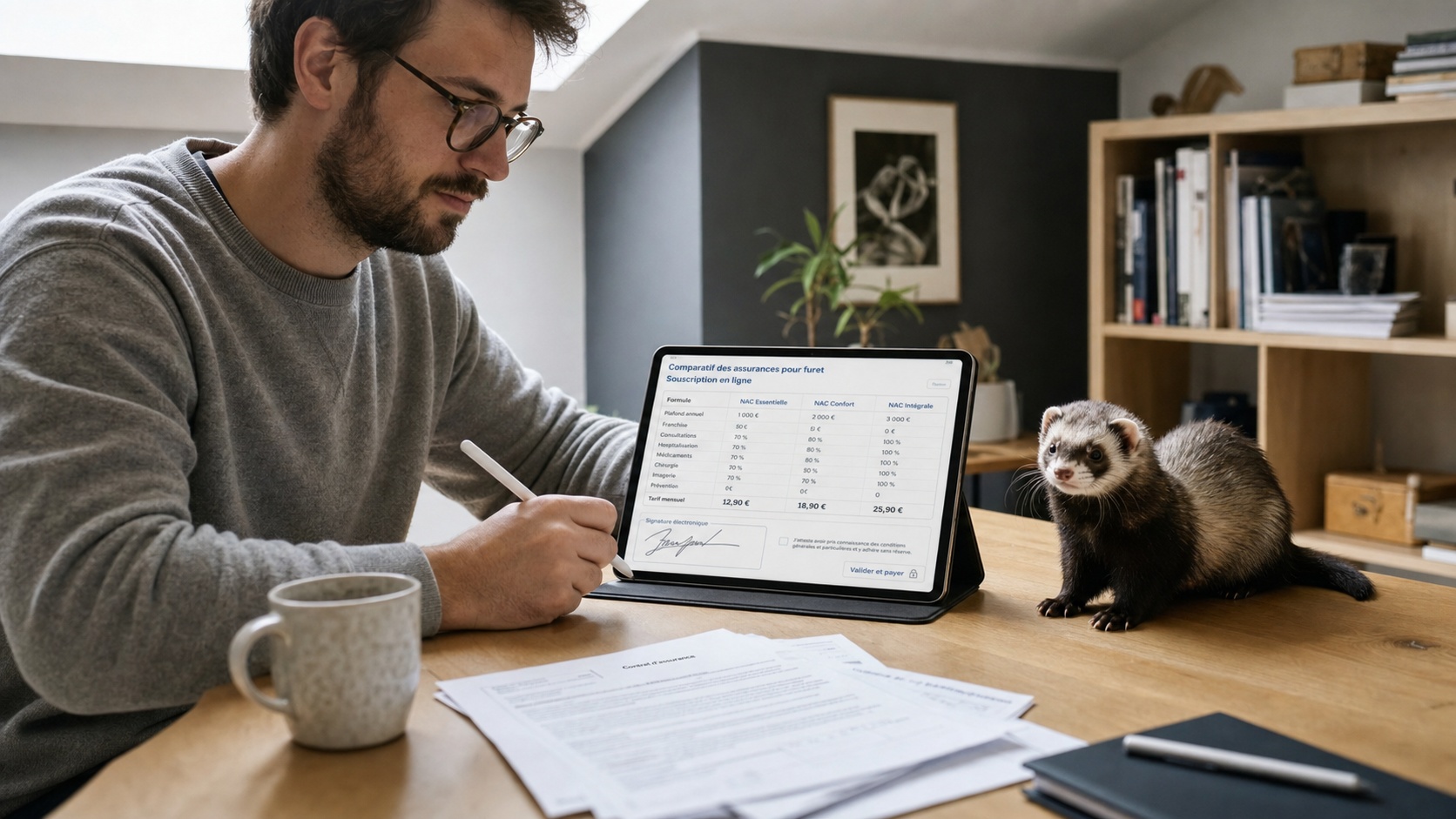 Propriétaire d'une trentaine d'années souscrivant une mutuelle furet sur tablette, furet couché à côté sur un bureau en bois clair, lumière naturelle