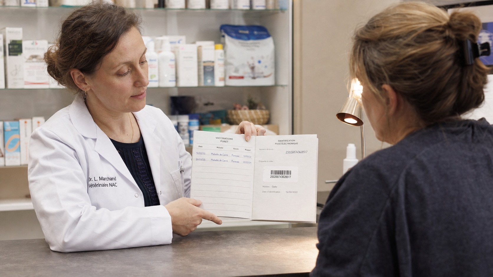 Vétérinaire spécialisé NAC présentant un carnet de vaccination furet à une propriétaire, comptoir de clinique animale, lumière fluorescente douce