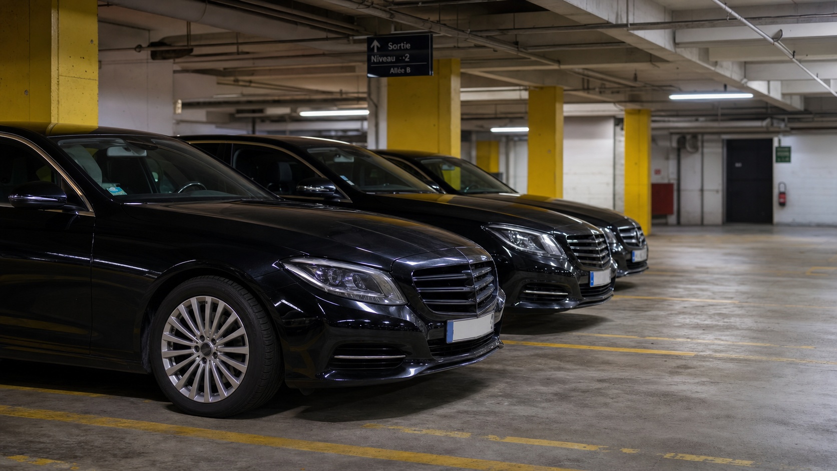 Parc de véhicules VTC berlines noires alignées dans un parking souterrain à Paris