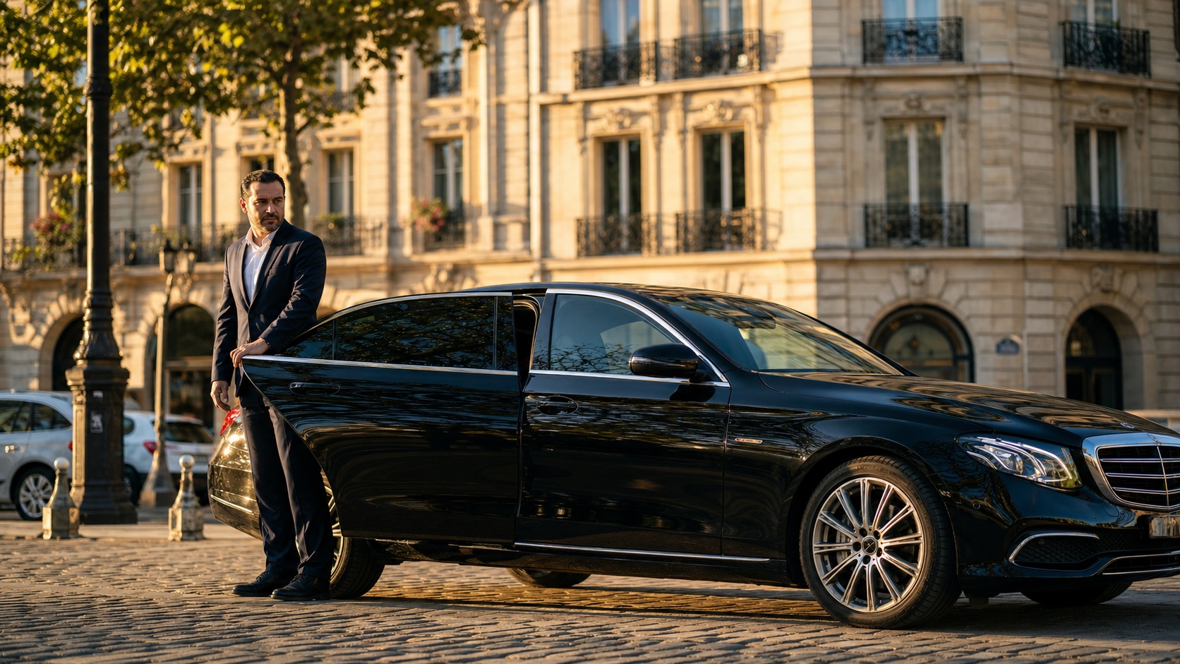 Chauffeur VTC en costume sombre ouvrant la portière d'une berline noire devant un immeuble haussmannien à Paris