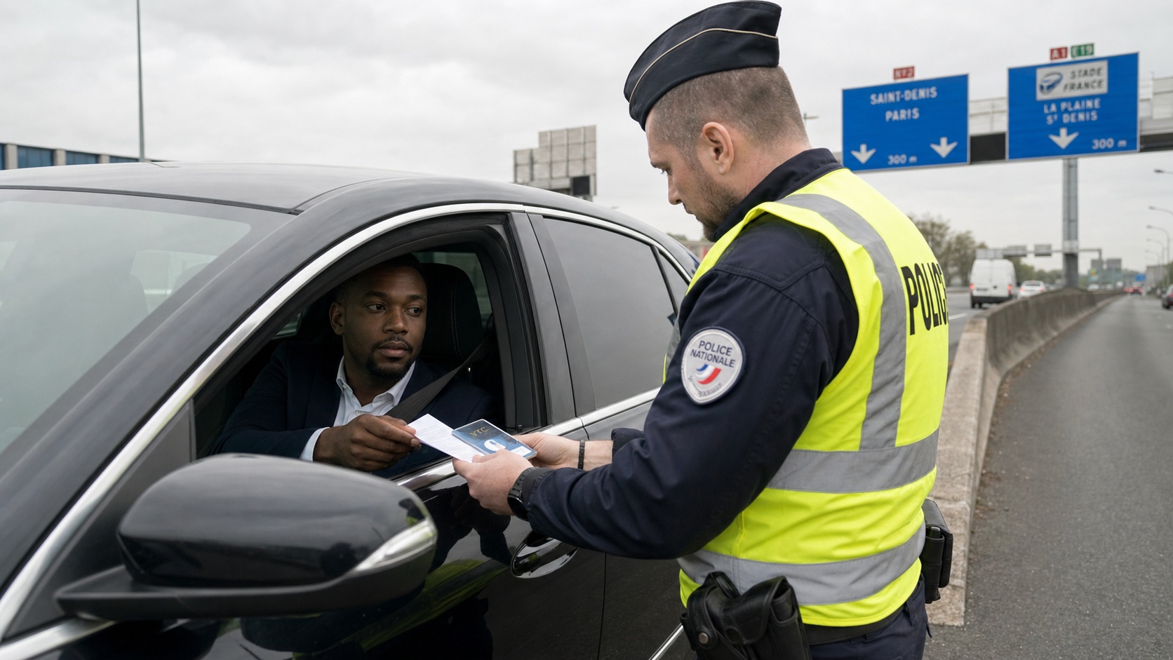 Inspecteur vérifiant les documents d'assurance et la carte professionnelle VTC d'un chauffeur à un contrôle routier en Île-de-France