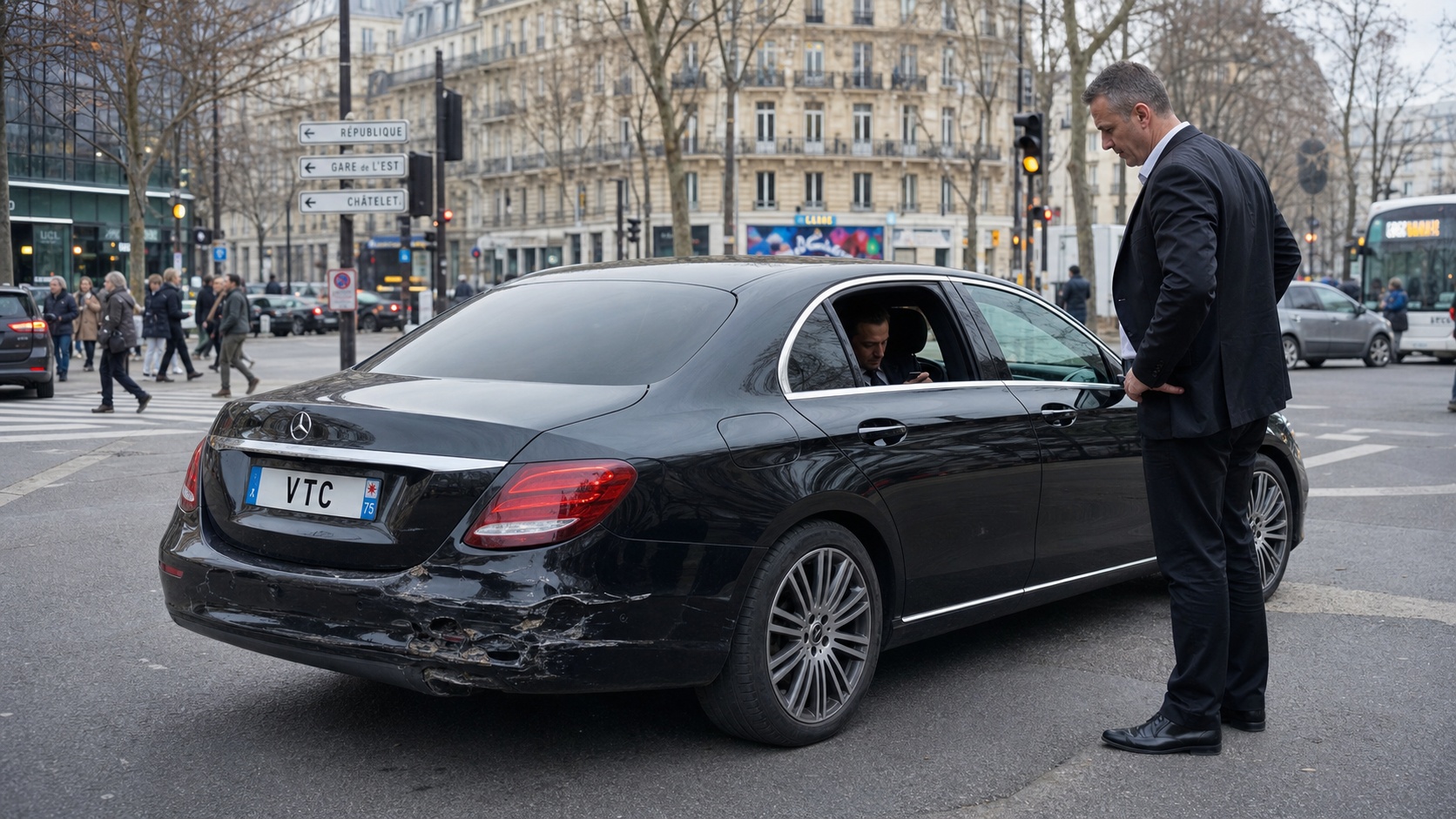 Chauffeur VTC professionnel face à un sinistre sur route, flotte de berlines noires en arrière-plan
