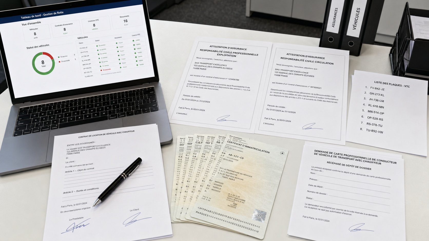 Tableau de bord de gestion de flotte VTC avec documents d'assurance et attestations RC Pro étalés sur un bureau