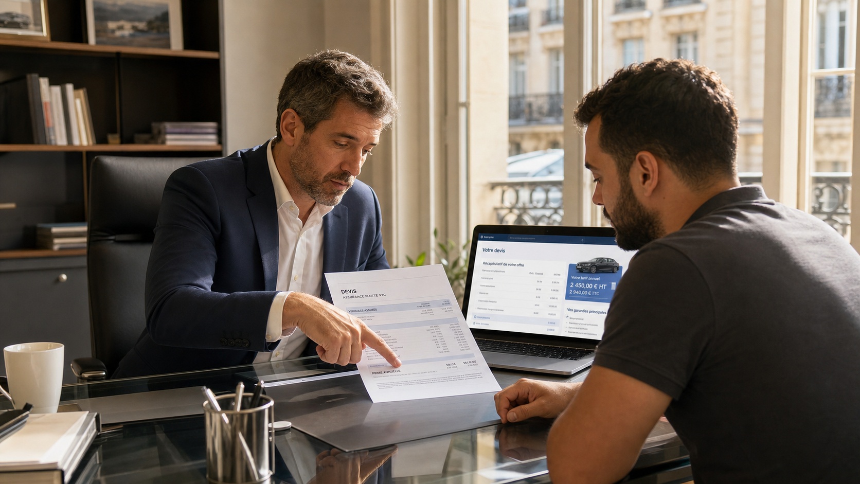 Courtier en assurances remettant un devis de flotte VTC à un gestionnaire, bureau avec documents et ordinateur portable