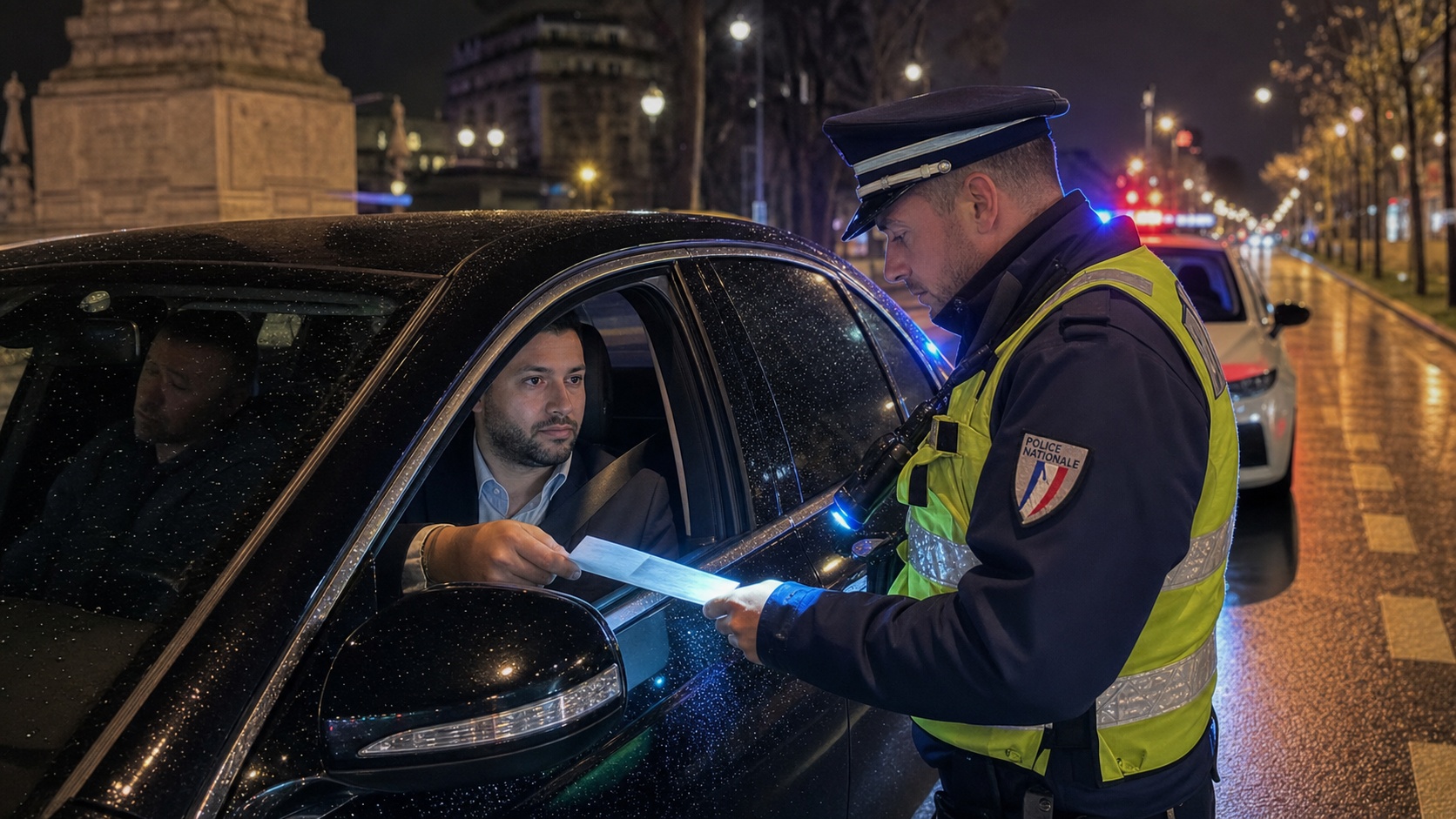 Contrôle routier de nuit d'un chauffeur VTC présentant ses documents d'assurance à un agent de police, avenue parisienne