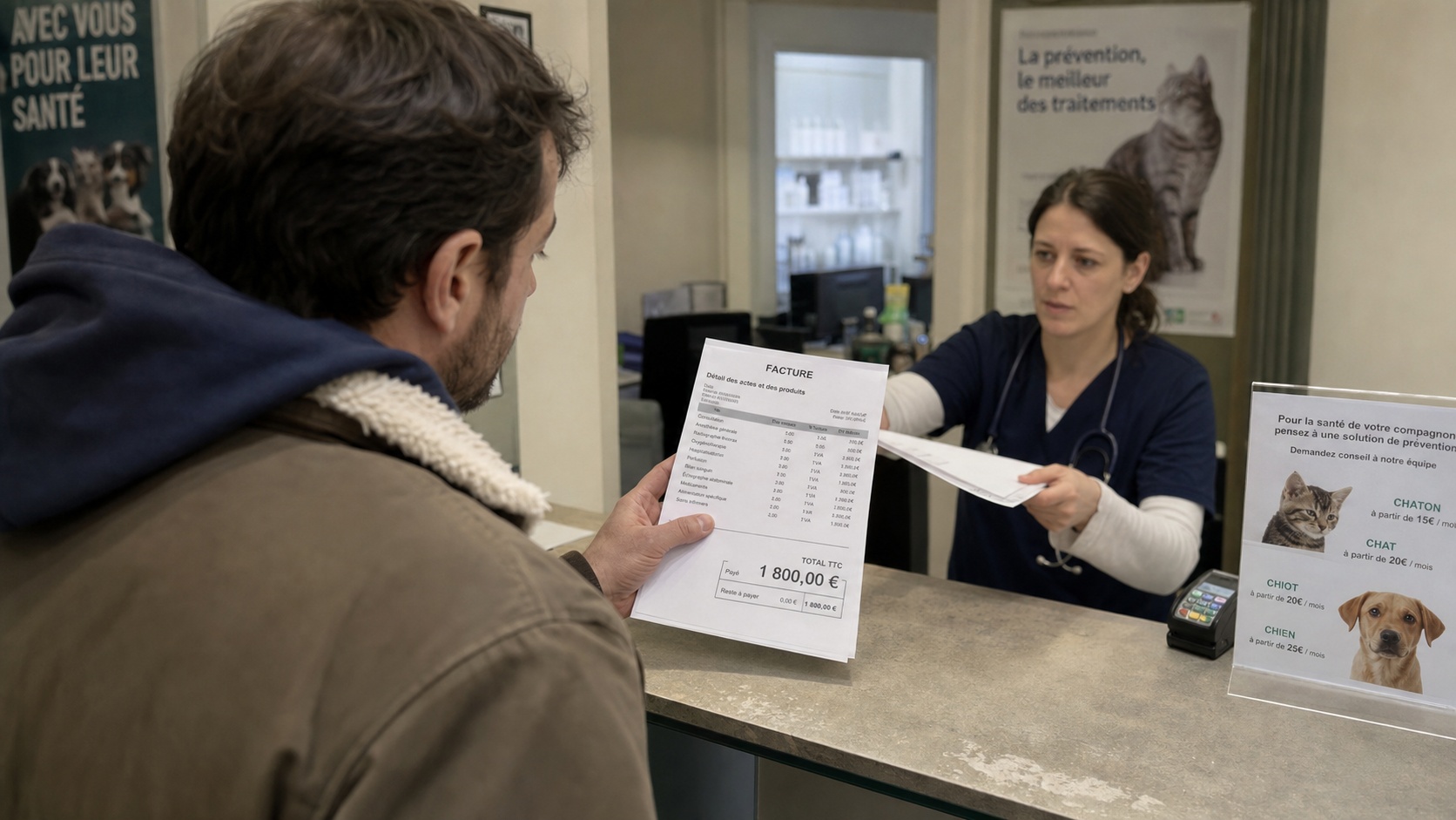 Propriétaire et son chat chez le vétérinaire, consultation avec facture sur le comptoir