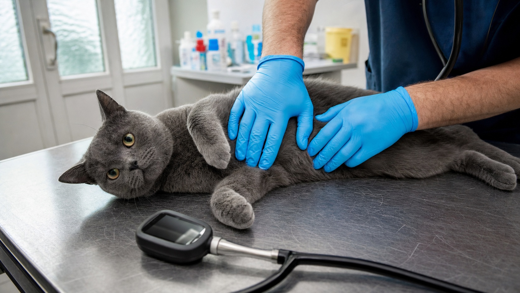 Vétérinaire examinant un chat avec stéthoscope dans une clinique vétérinaire française