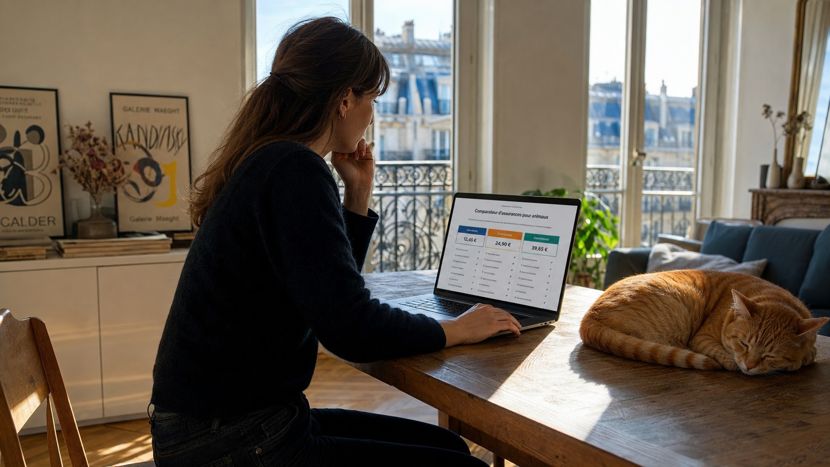 Propriétaire comparant des devis d'assurance chat sur un ordinateur portable à son bureau
