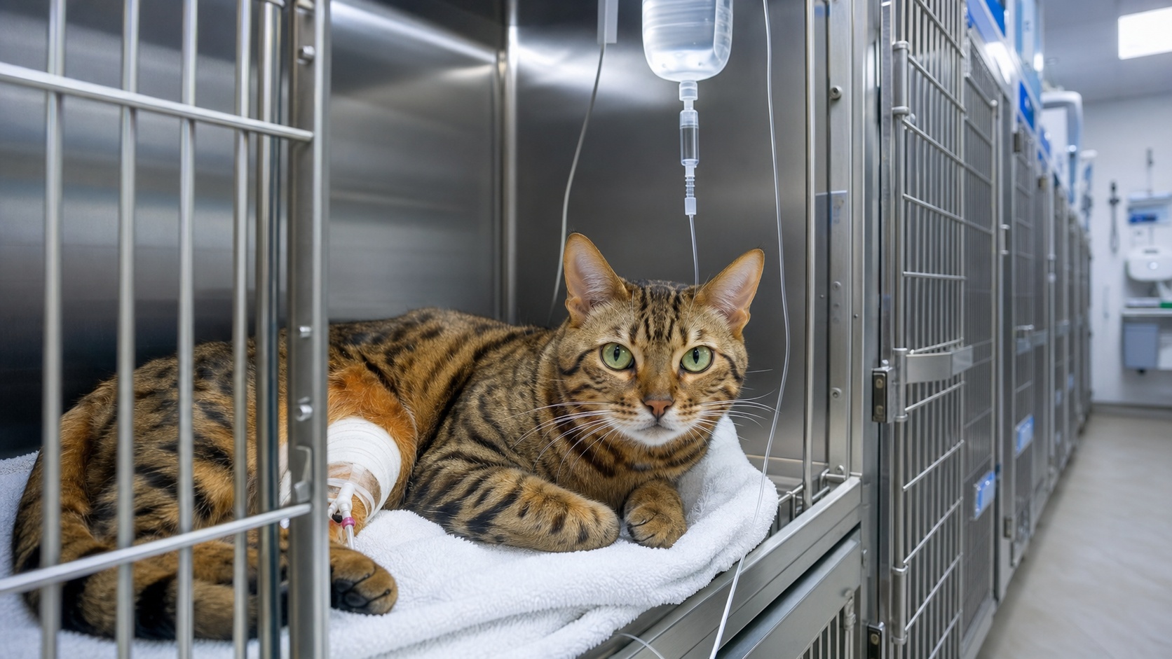 Chat Bengal récupérant dans une cage de soins vétérinaires après une opération chirurgicale