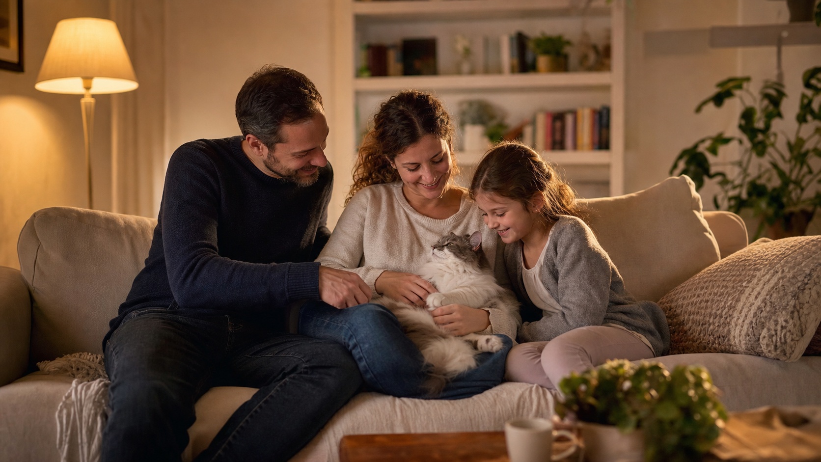 Famille sereine avec leur chat sur les genoux dans leur salon, rassurée par leur assurance santé animale