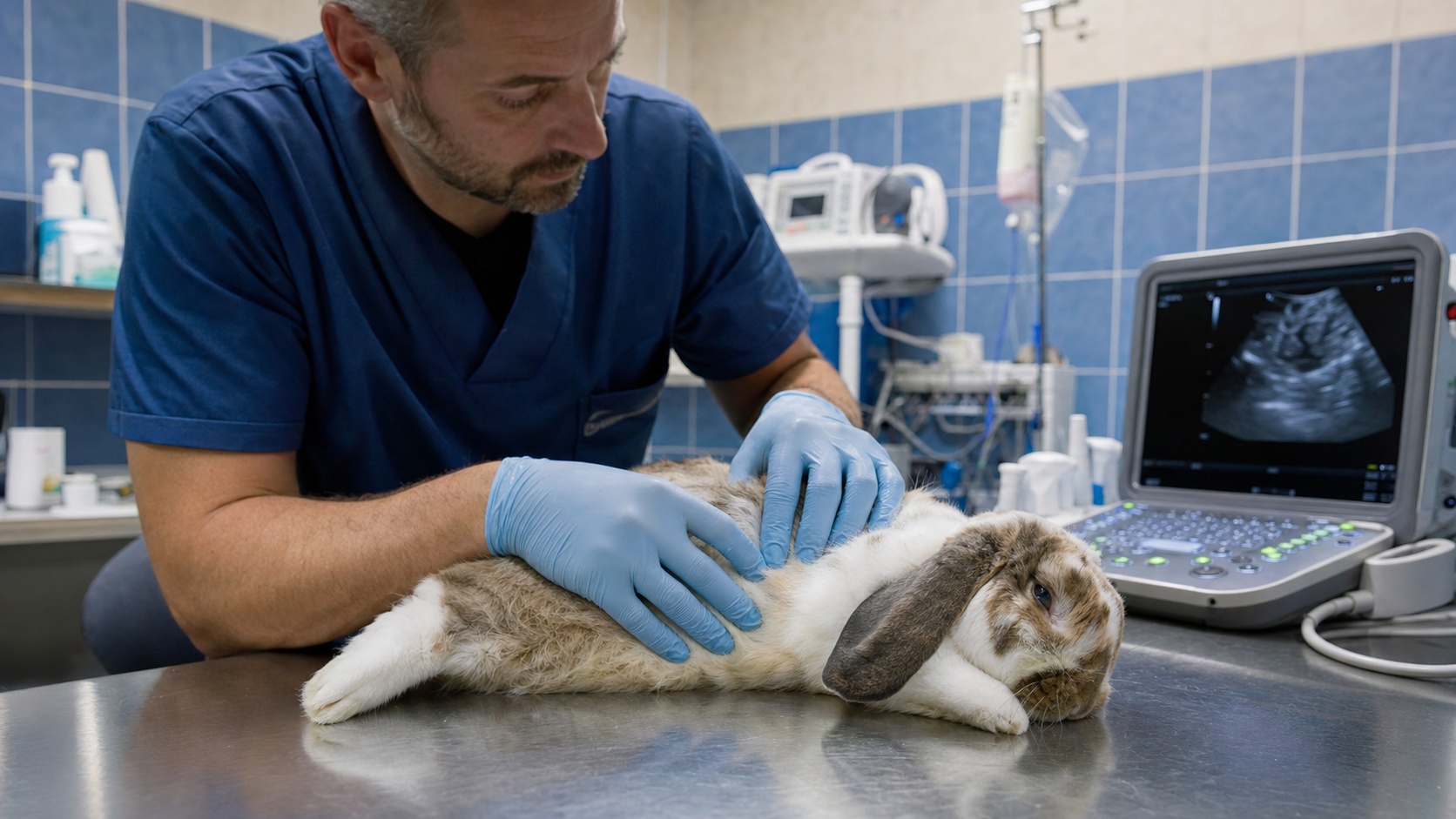 Lapin nain en consultation chez le vétérinaire, frais de soin sur la table