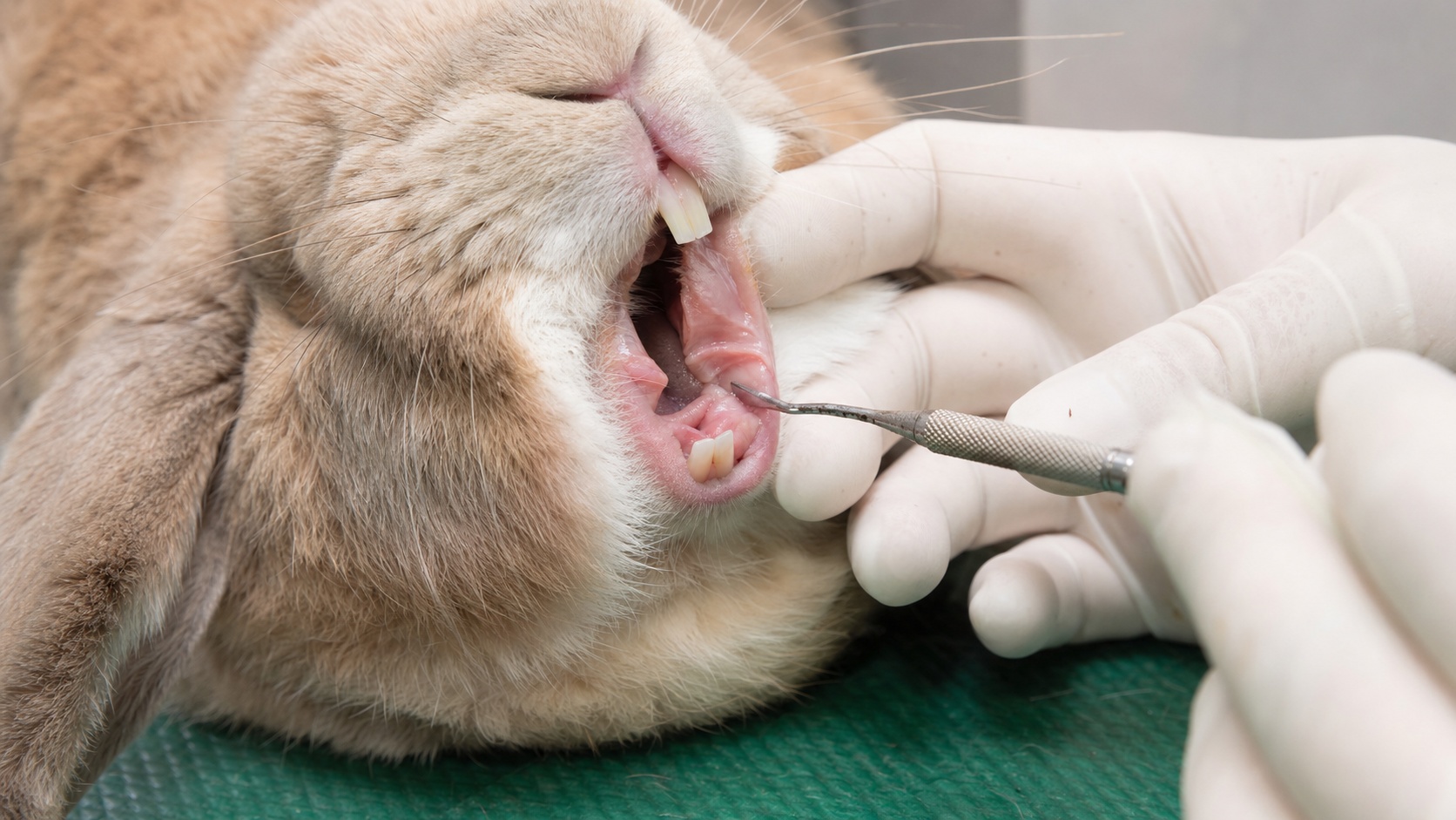 Gros plan sur l'examen dentaire d'un lapin rex par un vétérinaire NAC spécialisé