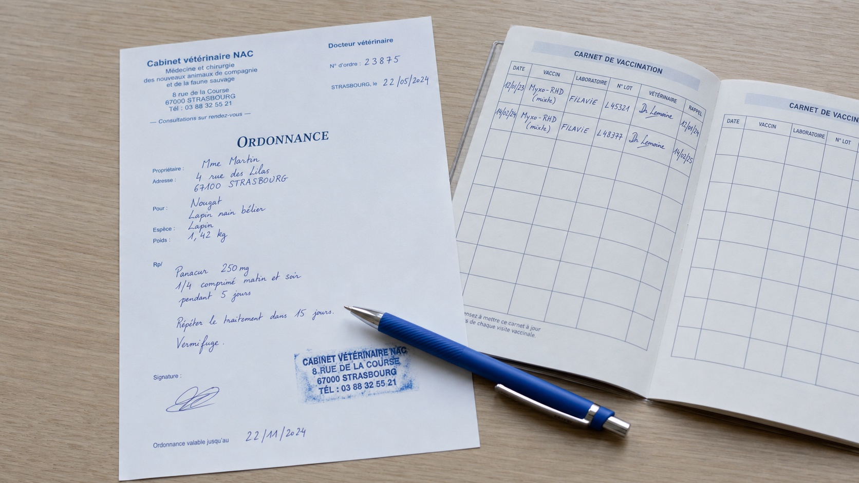 Ordonnance vétérinaire pour un lapin posée sur un bureau, avec cachet du cabinet NAC