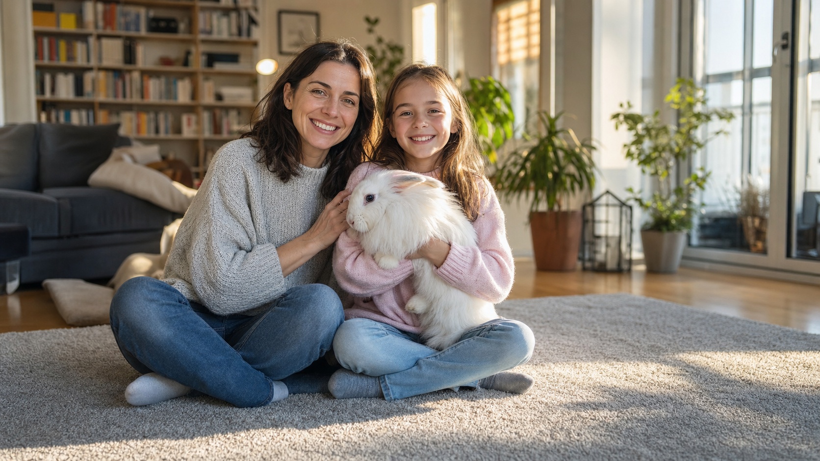 Famille souriante tenant un lapin nain à la maison, sérénité après souscription assurance